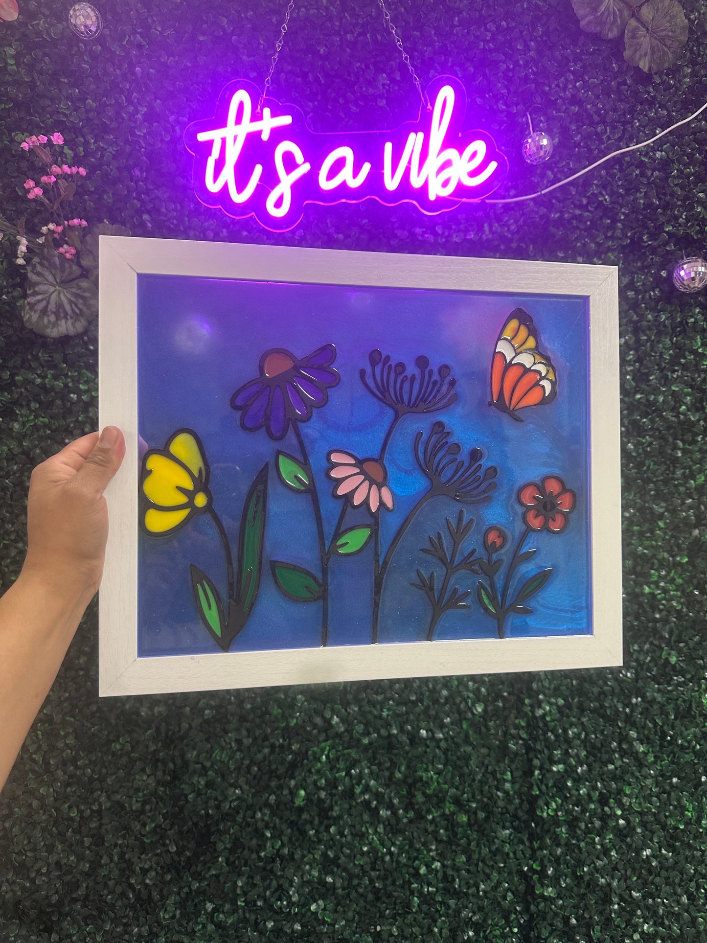 Faux Stained glass floral art with resin